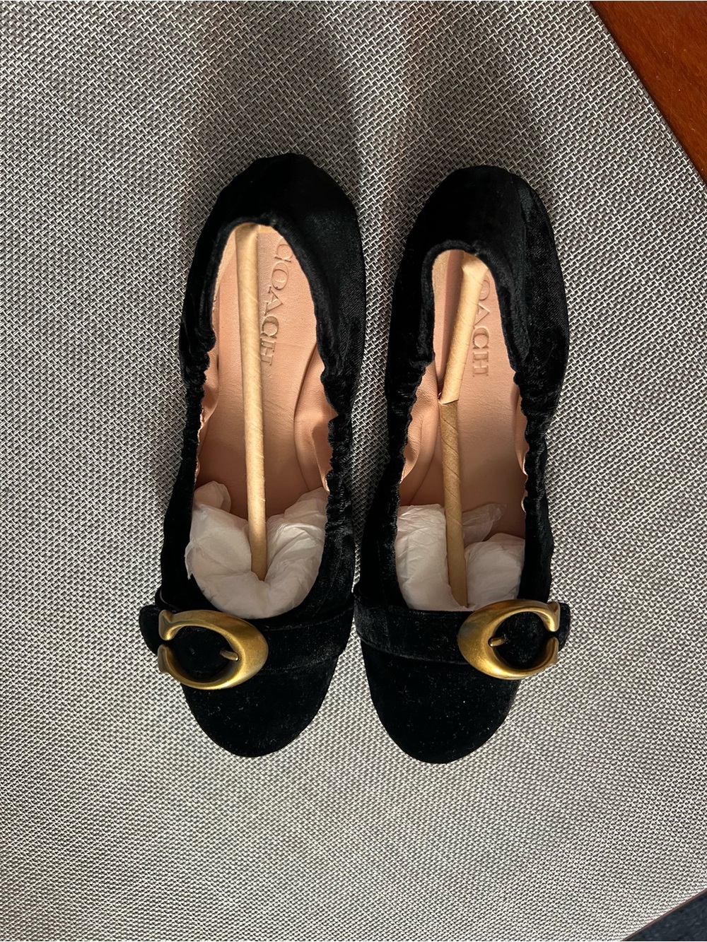 Coach Black Velvet Ballet Flats with Brass-Tone Buckle